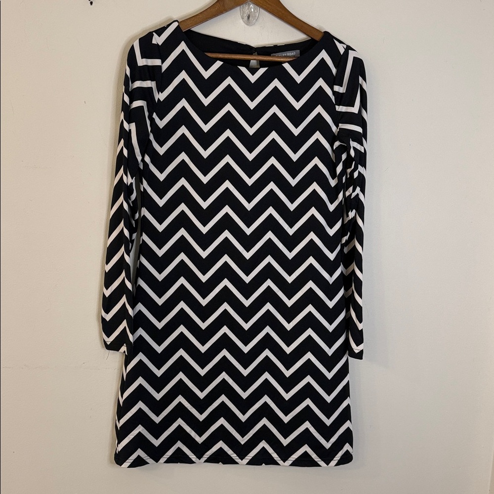 Tinley Road black & white herringbone midi dress long sleeves keyhole nape SZ XS